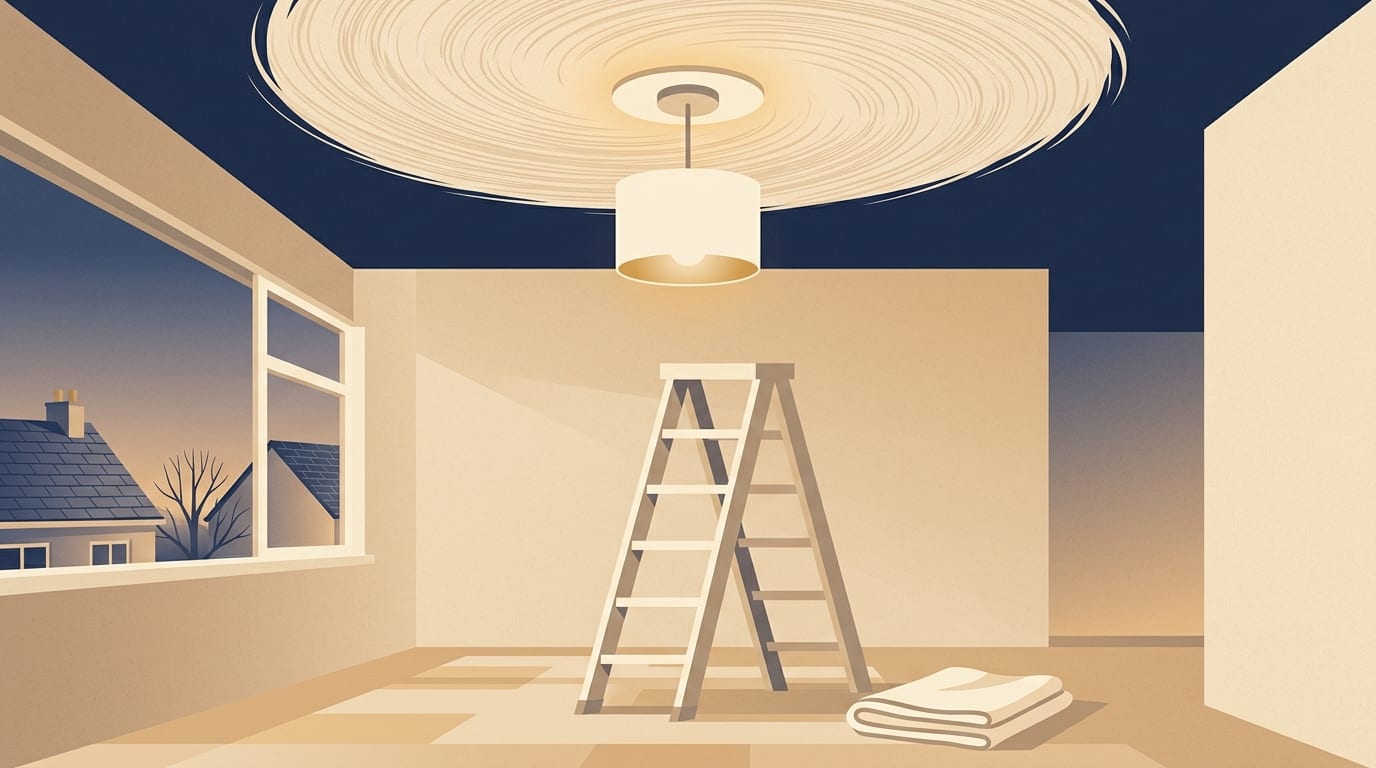 Illustration of a living room ceiling with a swirled textured coating
