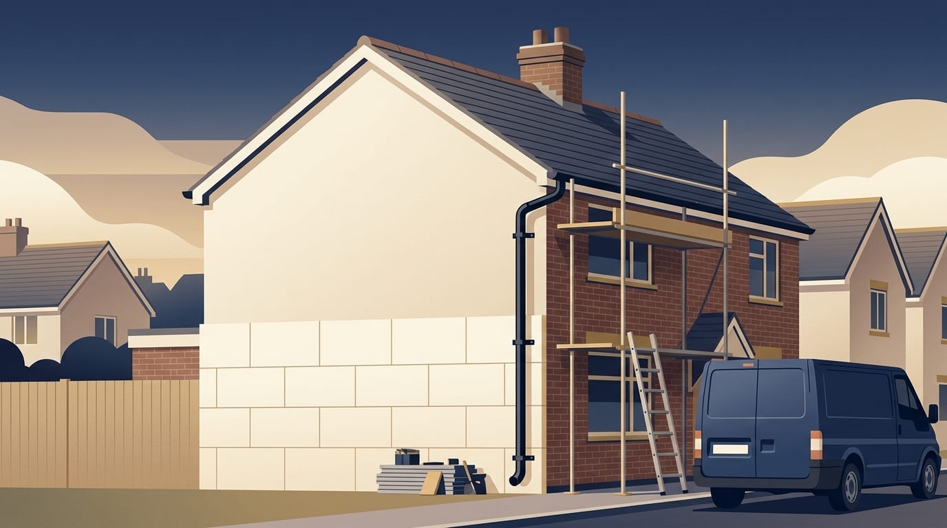 Illustration of a house wall part covered with insulation boards and new render