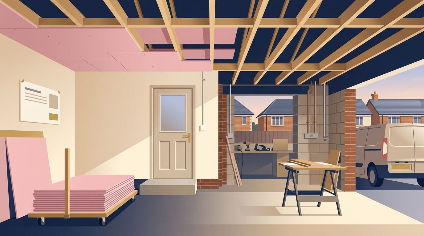 Illustration of a garage ceiling being lined with pink fire rated plasterboard