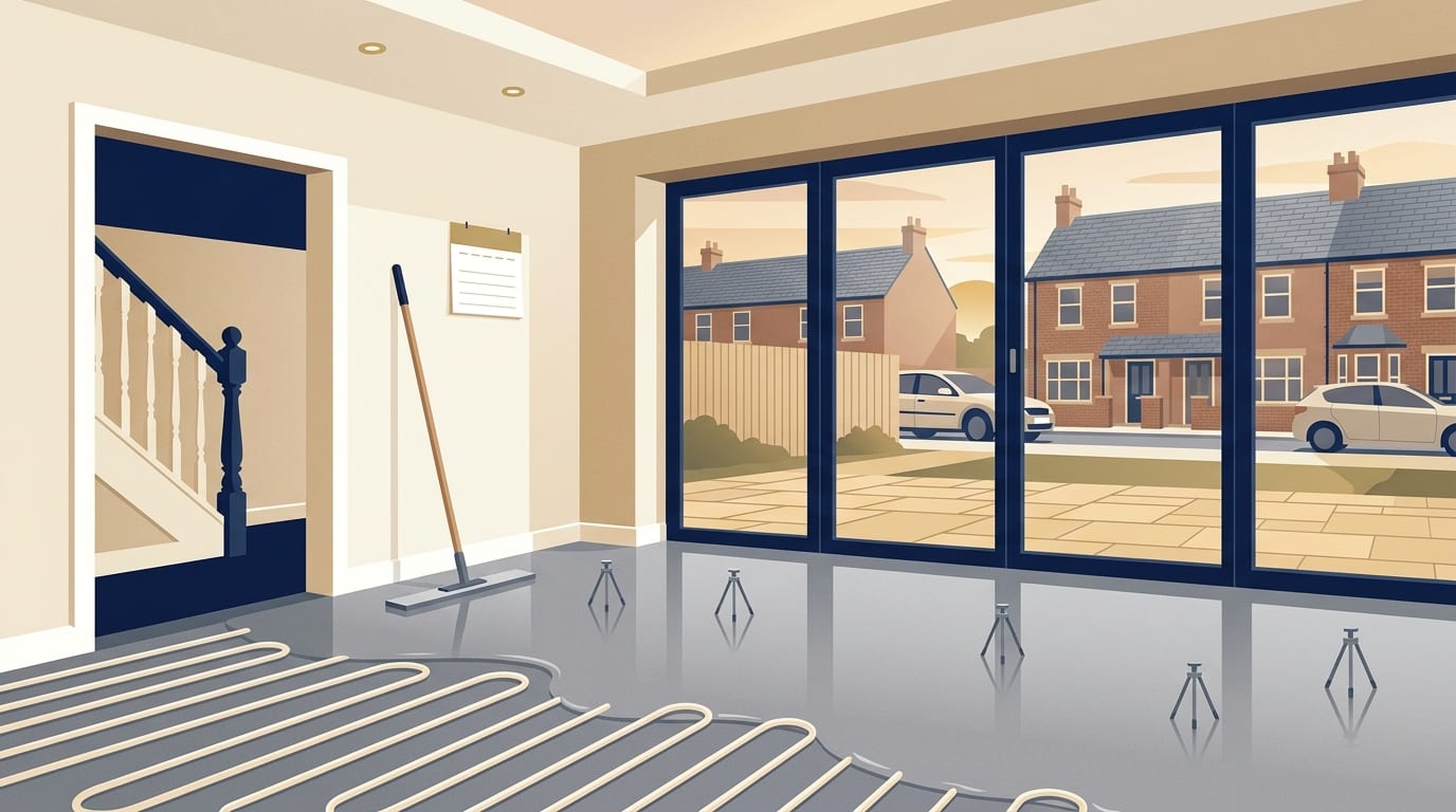 Illustration of a freshly poured floor screed in an empty room