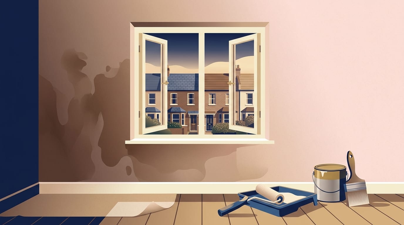 Illustration of a freshly plastered wall fading from dark brown patches to even pale pink