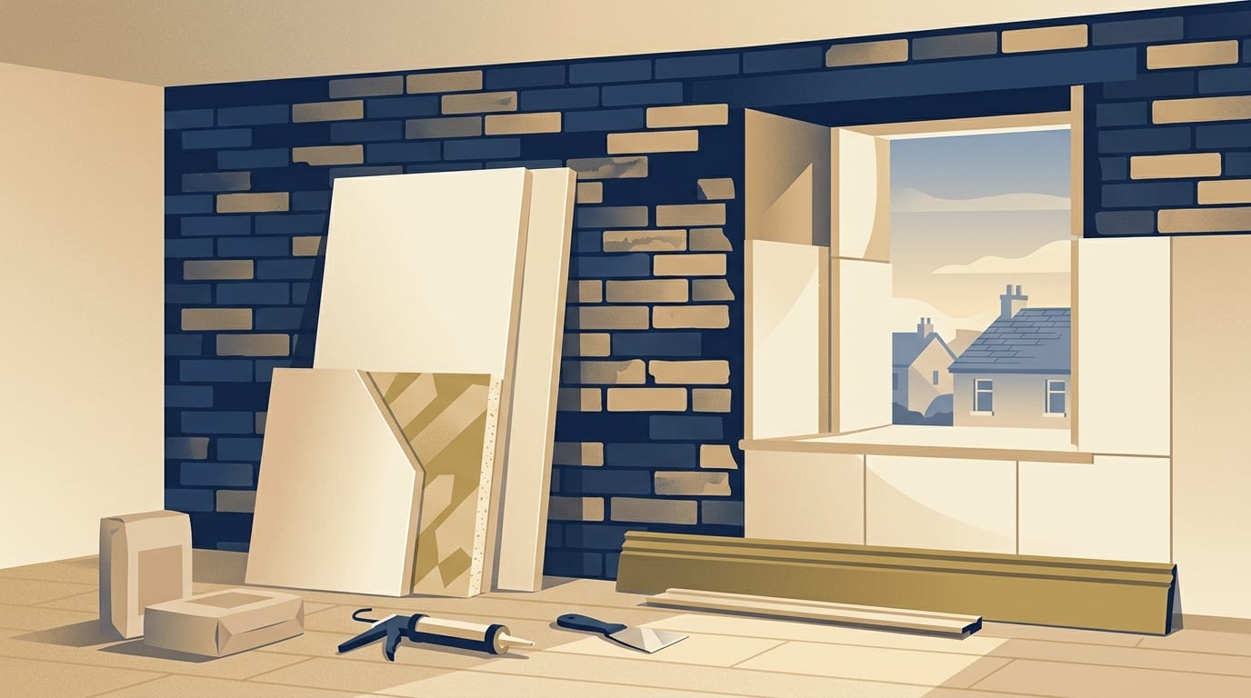Illustration of a solid brick wall being lined with insulated plasterboard