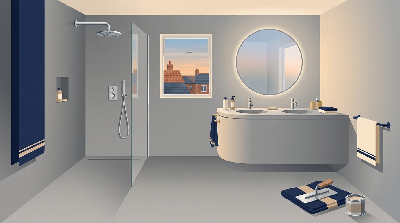 Illustration of a seamless grey microcement bathroom