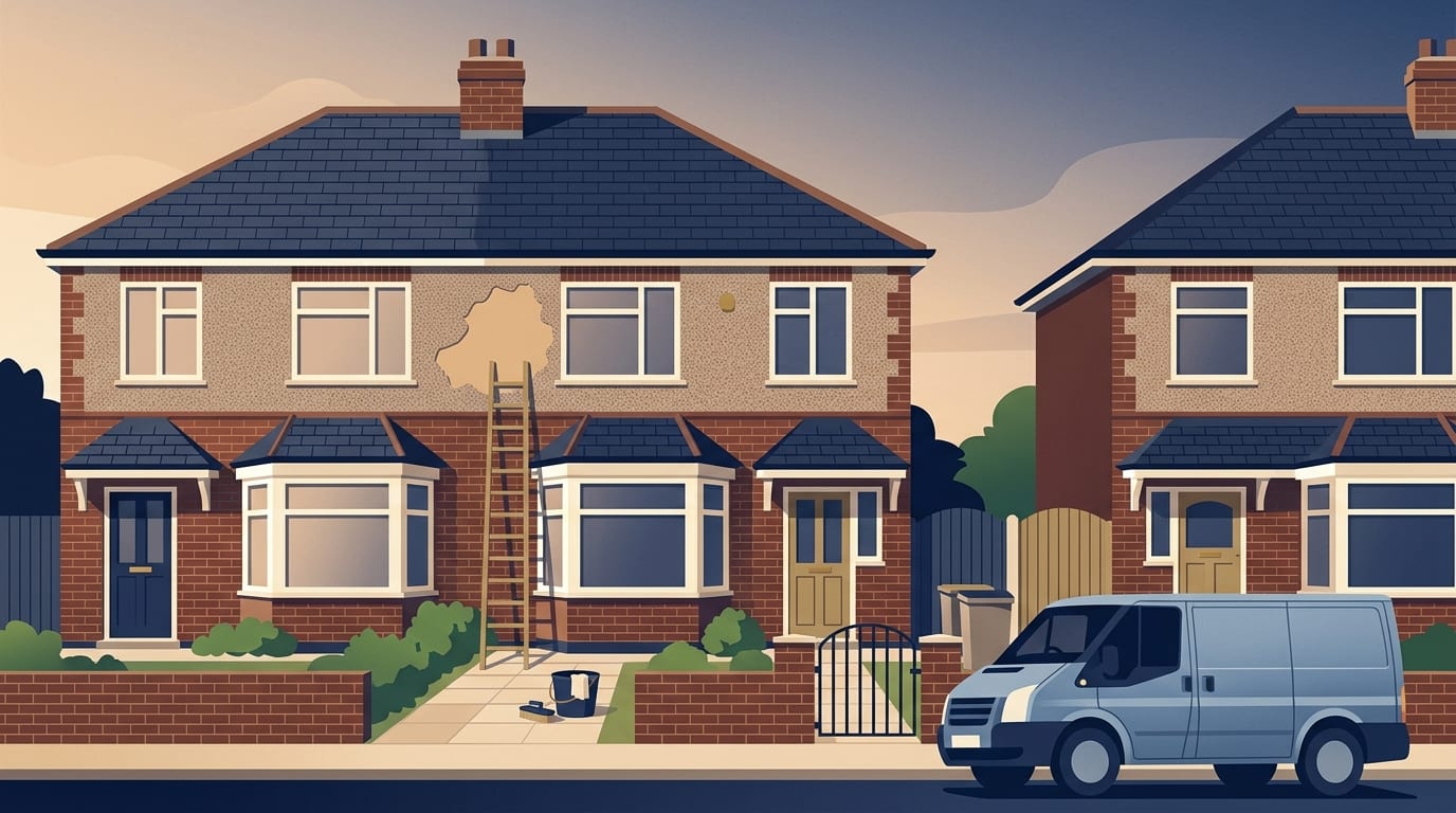 Illustration of a 1930s semi-detached house with pebbledash