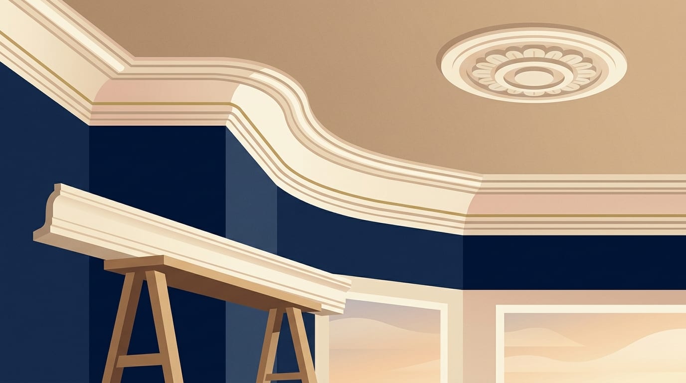 Illustration of a plaster cornice in the corner of a Victorian room