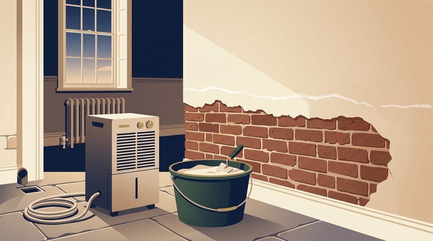 Illustration of a damp wall with the lower plaster removed and a salt tide-line above