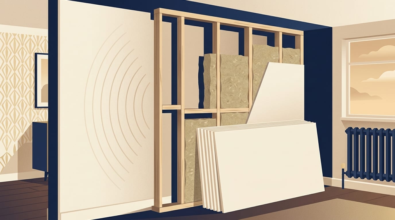 Illustration of an independent frame being built against a party wall to reduce noise