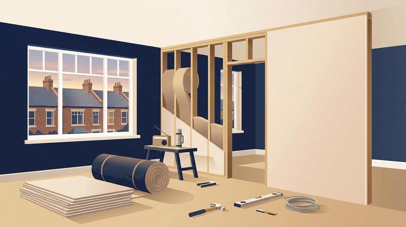 Illustration of a new stud partition wall being built across a room
