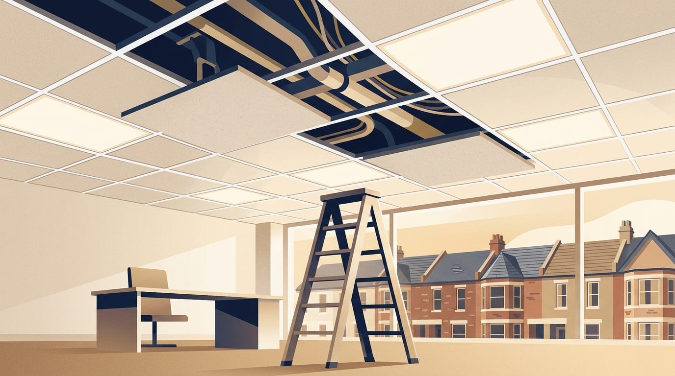 Illustration of a suspended grid ceiling with two tiles lifted out