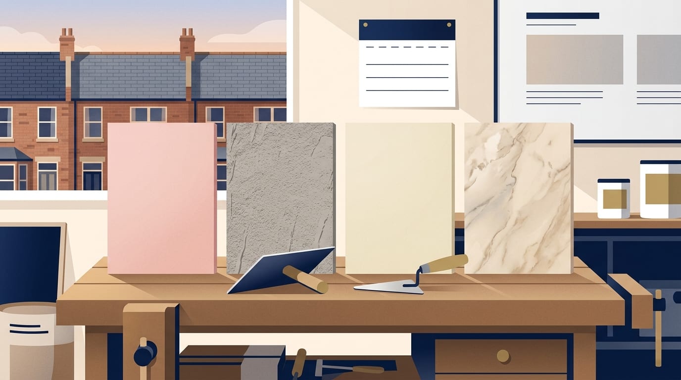 Illustration of four sample panels showing different plaster finishes