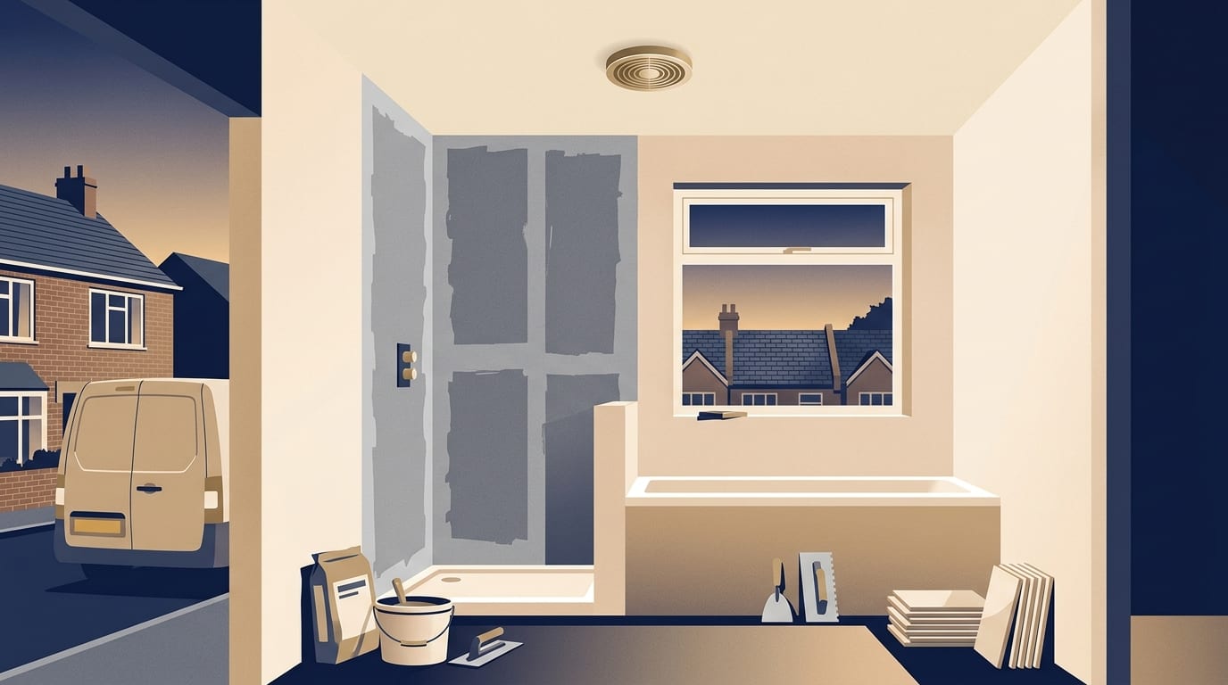 Illustration of a bathroom refit with waterproofing around the shower